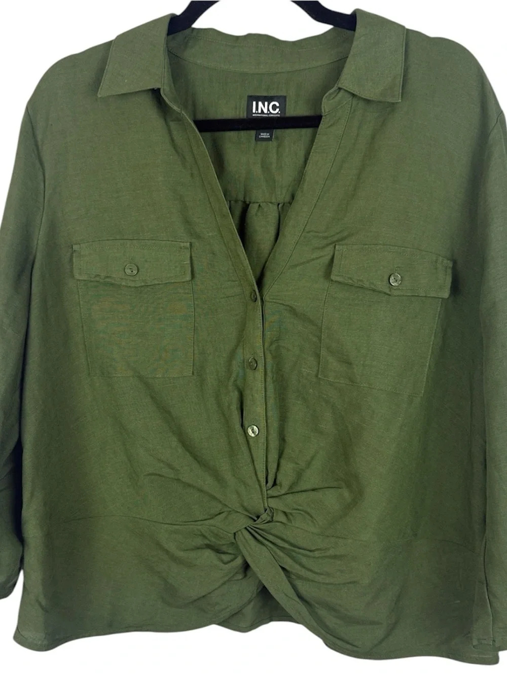 INC International Concepts Olive Green Linen Blend Twist Front Blouse
